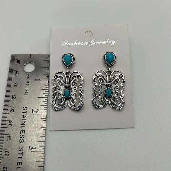 Bohemian Silver Tone Butterfly Stud Dangle Earrings with Faux Turquoise Beaded - Picture 5 of 6